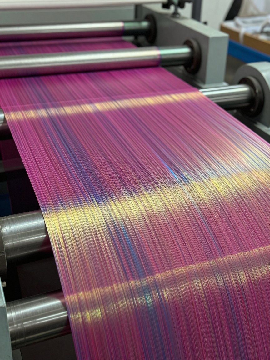 Iridescent lenticular textile running over steel rollers