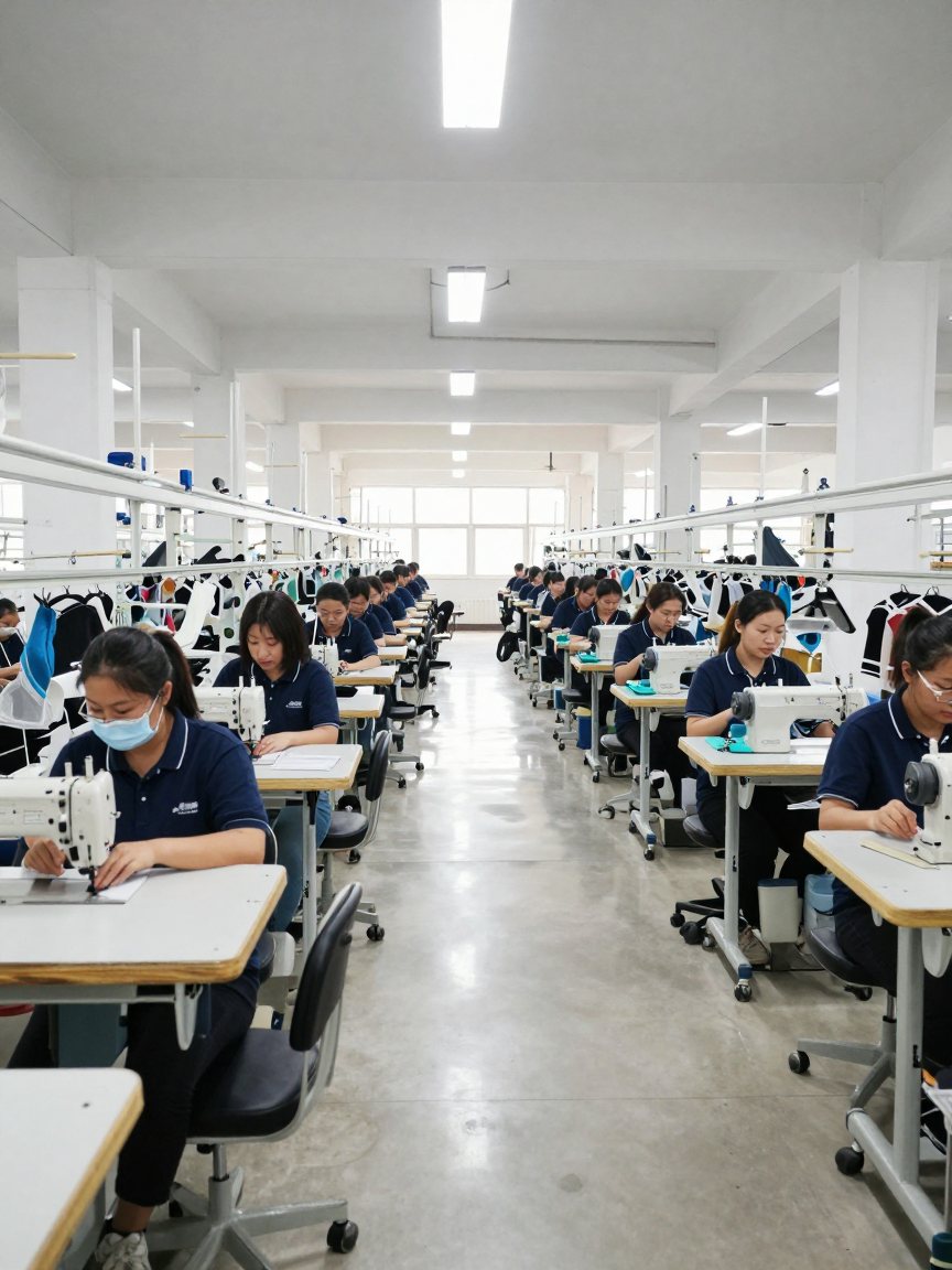 Garment factory floor with rows of sewing stations