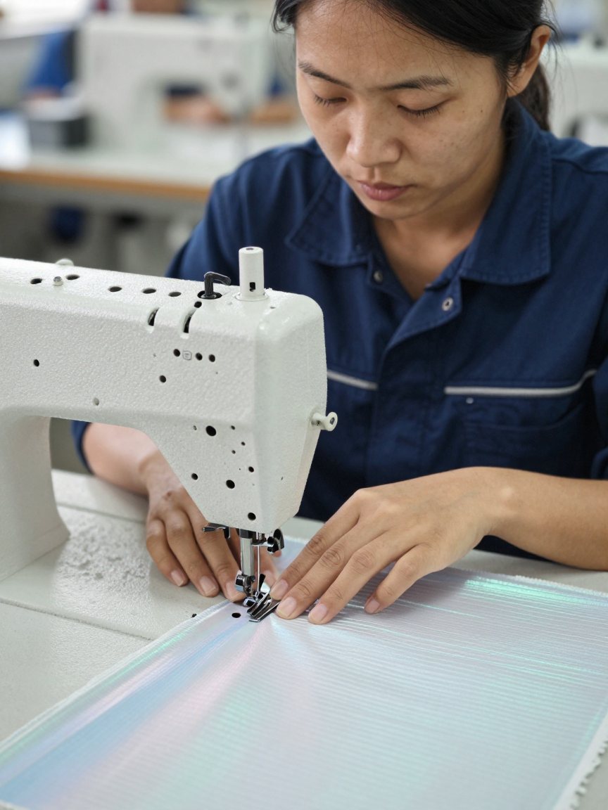 Seamstress guiding lenticular fabric through an industrial sewing machine