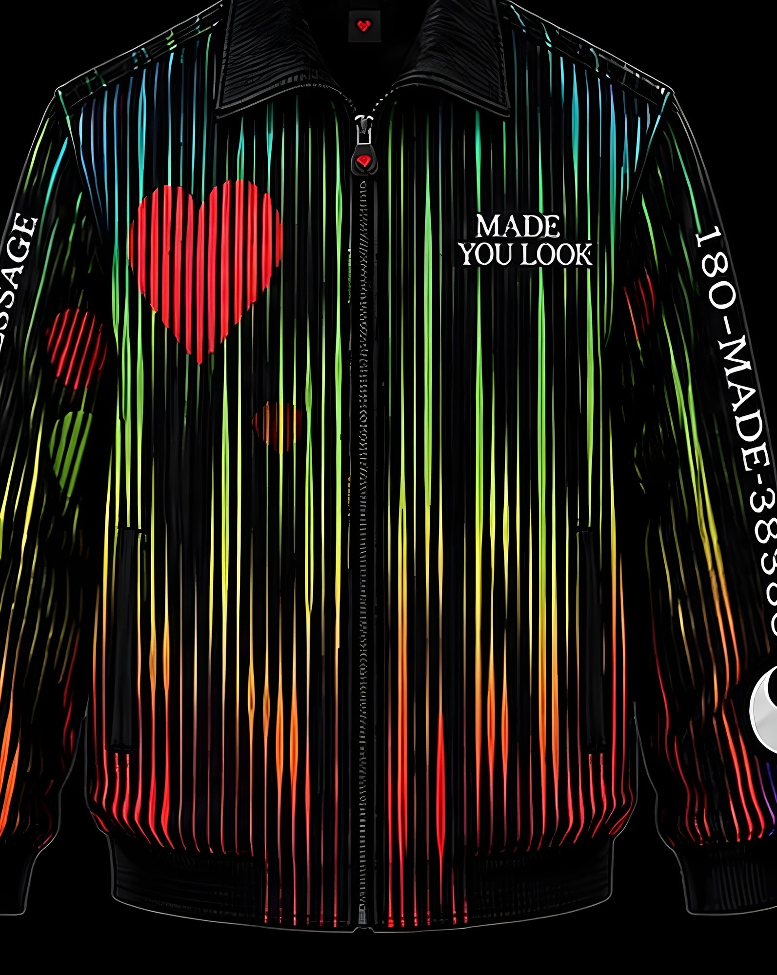 Love is the Message lenticular bomber, front — rainbow rib state