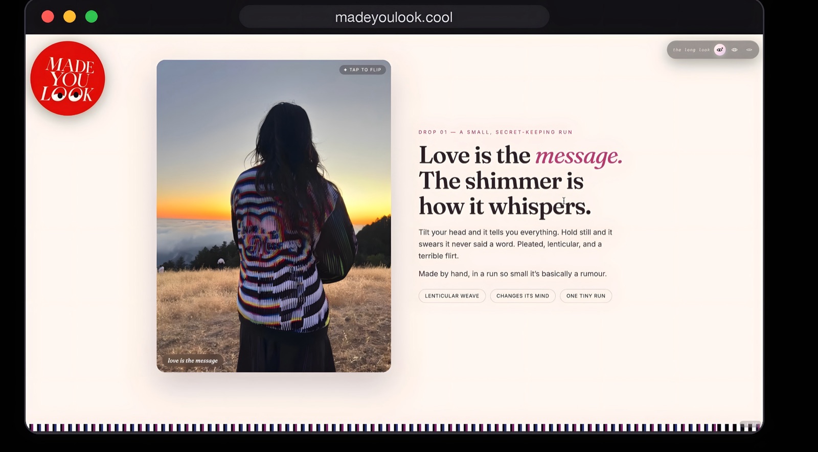 madeyoulook.cool product page — tap to flip