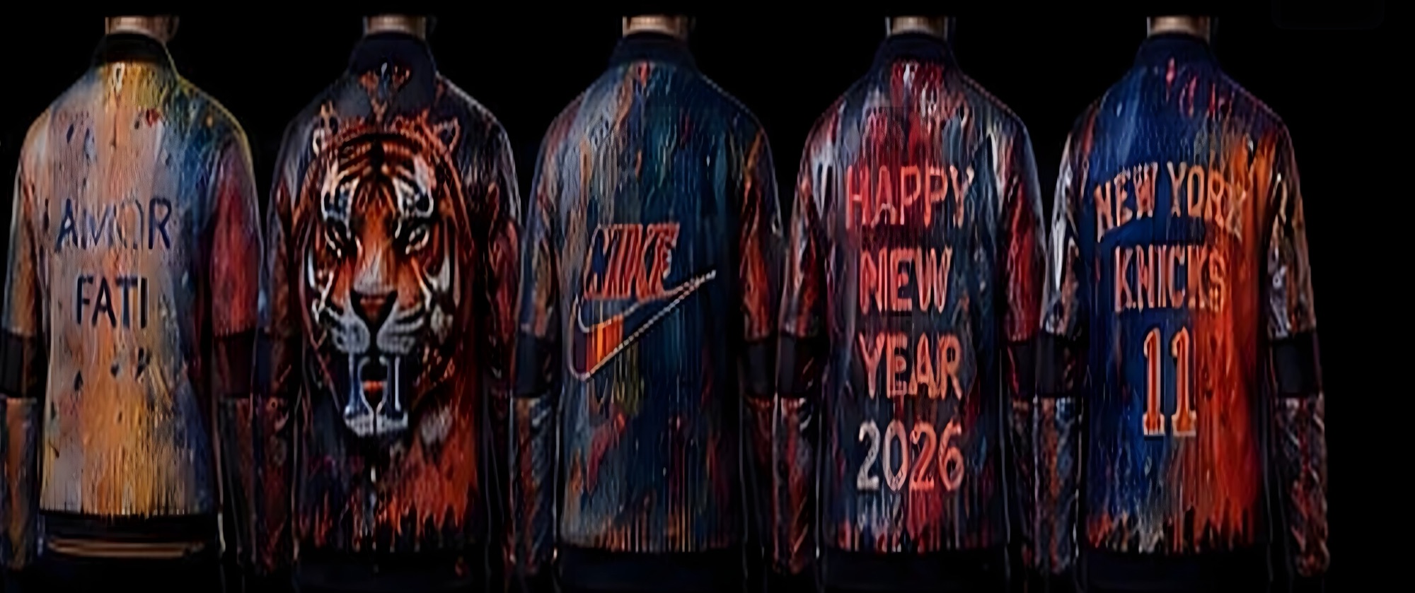 Five concept jackets in a row: Amor Fati, Tiger, Nike, Happy New Year 2026, NY Knicks
