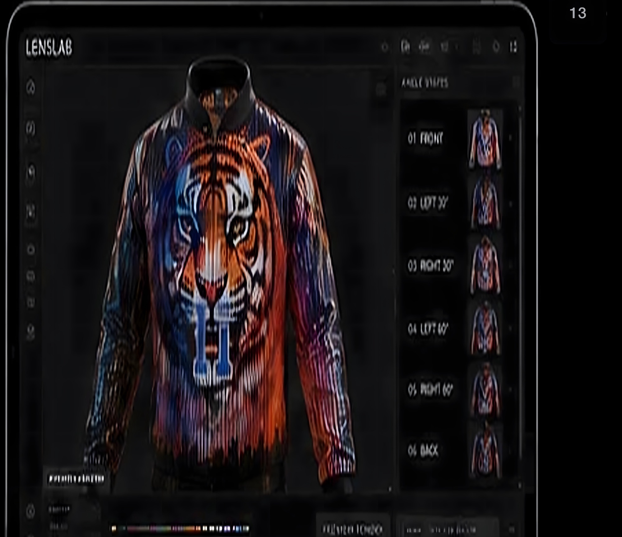LensLab design engine on a tablet — tiger jacket with angle states