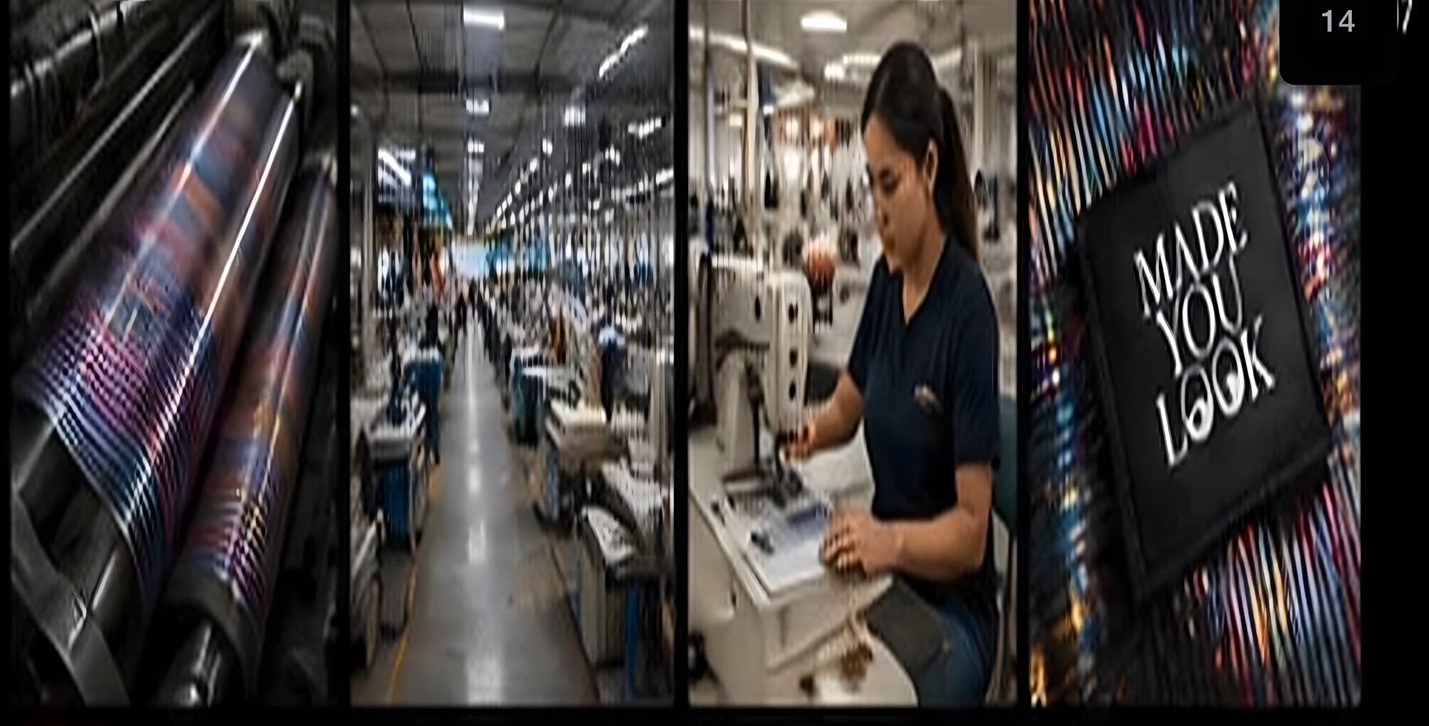 São Paulo factory triptych — lenticular rollers, production floor, Made You Look panel